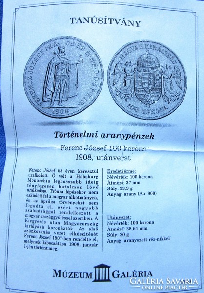 100 korona 1908  aranyozott utánveret, rézötvözet.