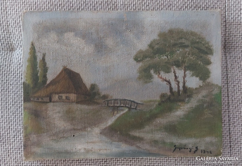 (K) Antik tájkép festmény házikóval, híddal 40x30 cm kerettel