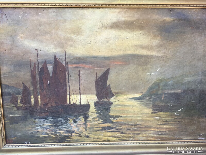 Boats oil painting on rough canvas - may be from the 1800s