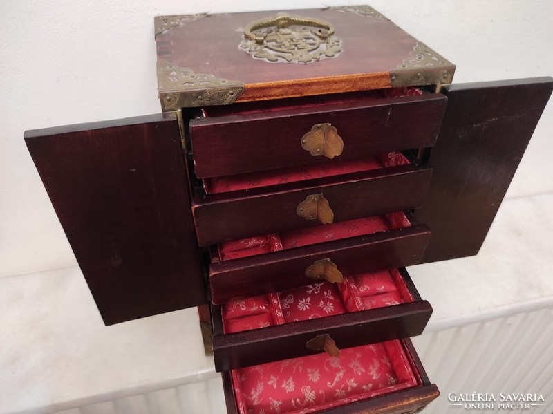 Antik zsírkő berakásos ázsiai kínai ékszer tartó ékszeres doboz fiókos kis szekrény 203 5773