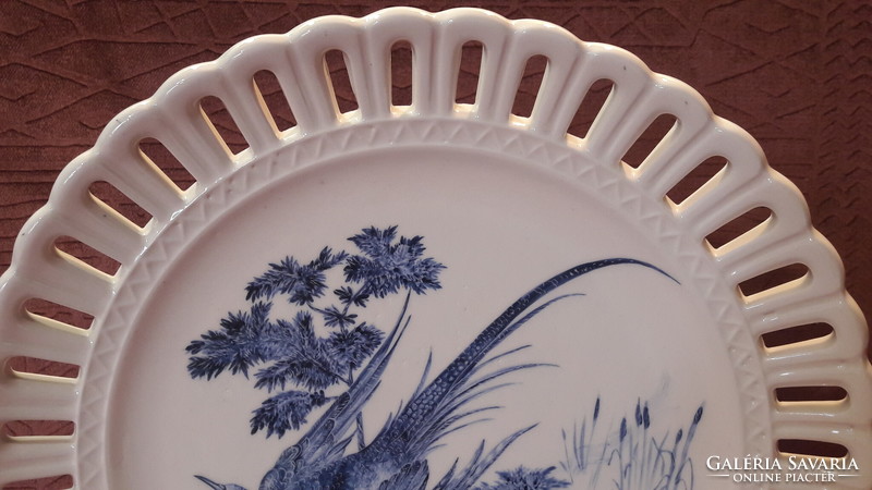 Kék madaras festésű porcelán tányér, fajansz falitál (M2533)