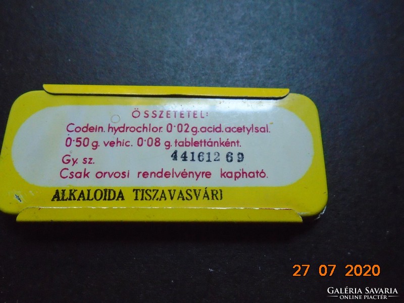 ALKALOIDA Tiszavasvári Codein acisal Kőbányai Gyógyszergyári tablettás fém doboz