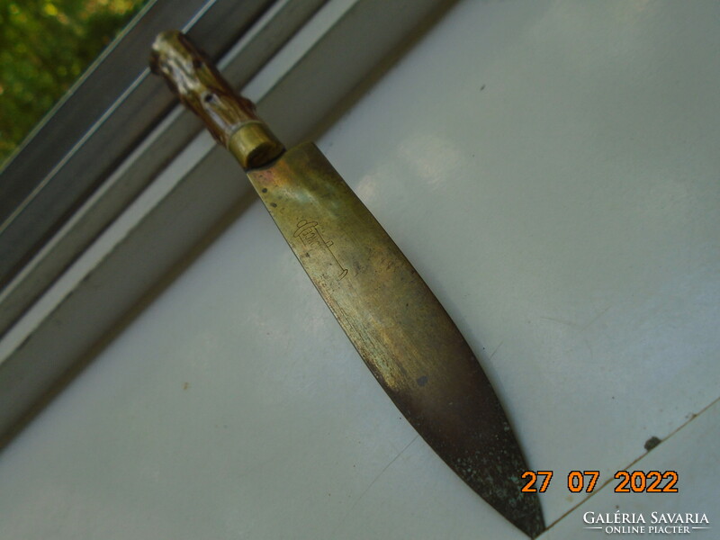 A stahl-bronze knife with a porcelain handle with a convex antler pattern attributed to Zsolnay