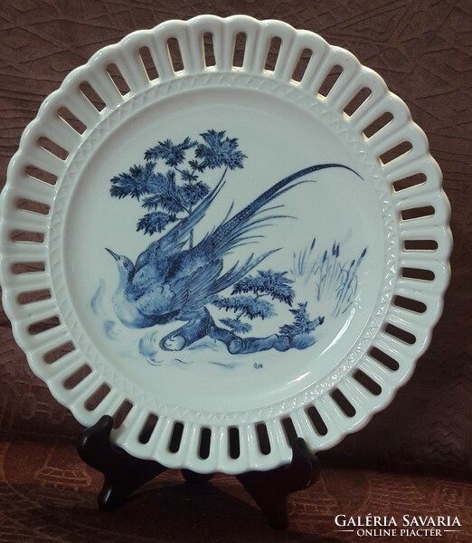Kék madaras festésű porcelán tányér, fajansz falitál (M2533)