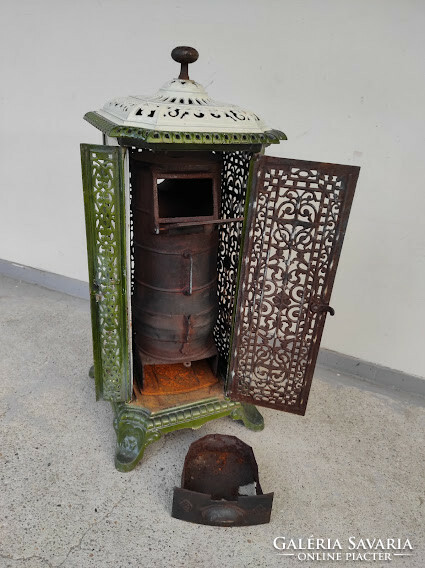 Antique stove, open enameled green white iron stove with original insert 375 5730