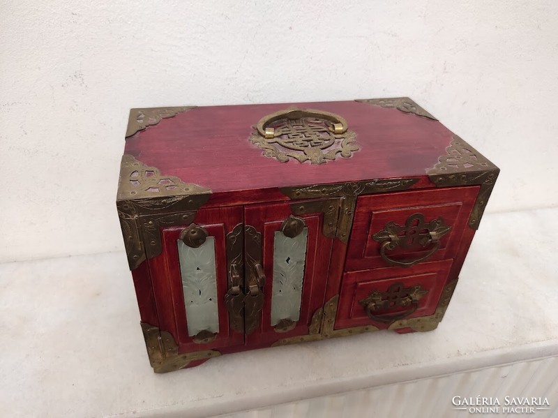 Antique soapstone inlaid Asian Chinese jewelry holder jewelry box small cabinet with drawers 202 5772