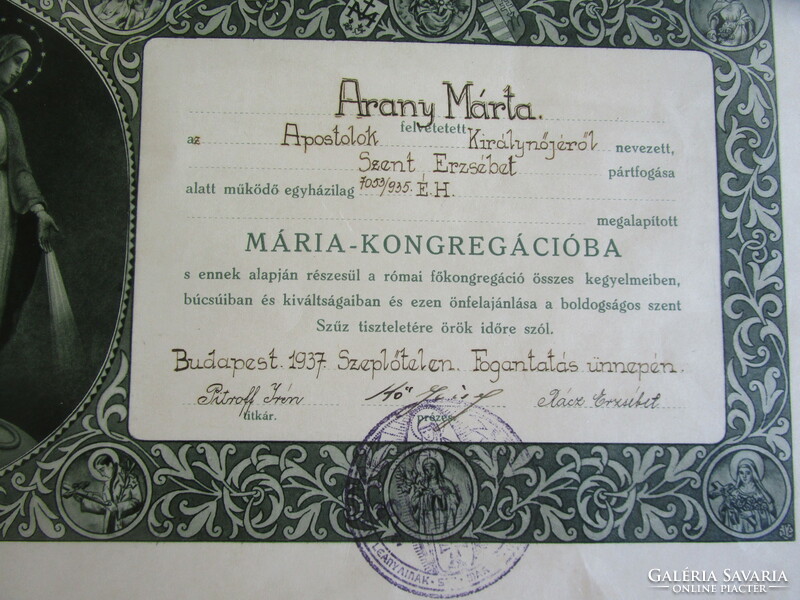 1937 Felvételi értesítő a Mária - kongregáció JELZETT PECSÉTTEL KORABELI DOKUMENTUM SZENT ERZSÉBET
