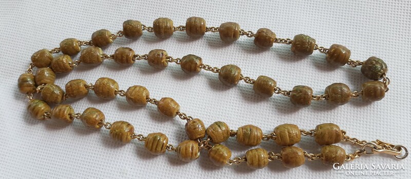 Vintage painted brown beaded long necklace with gold spacers