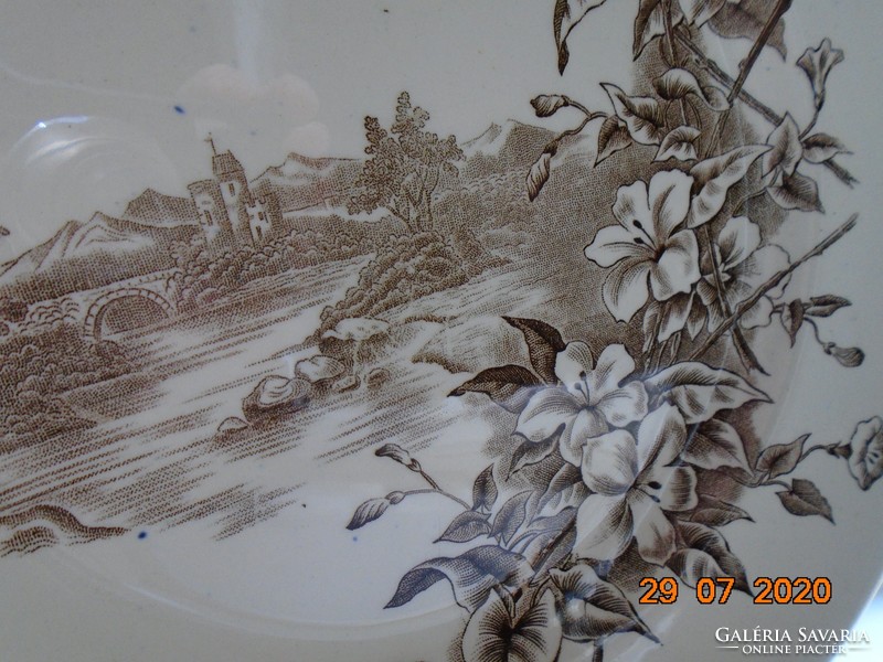 1850 TERRE DE FER francia majolika virágmintás tál, távolban tóparti táj kastéllyal