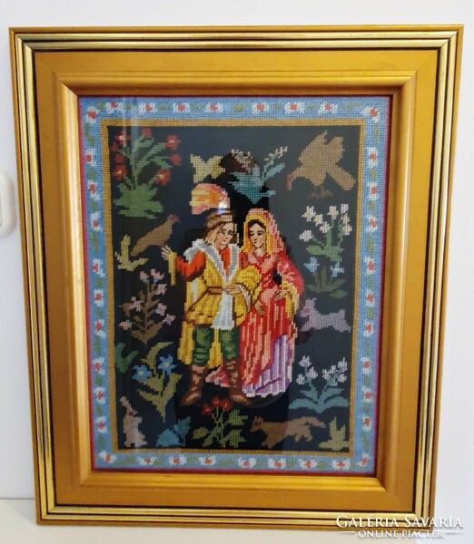 Old hand tapestry picture, frame behind glass. 47 X 57 cm.