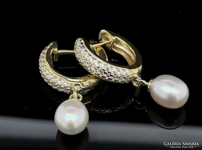 Showy true pearl zircon gemstone, sterling silver earrings 925 14k gold-plated / - new