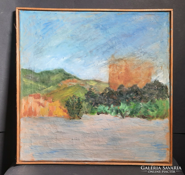 Lakeside (oil, canvas, 41x41 cm) spring landscape