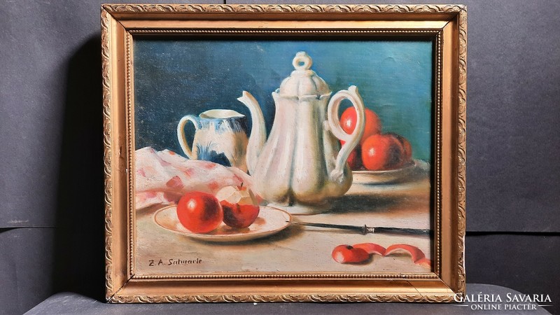 Teadélután almákkal (olaj, kerettel 24x29 cm) Z. A. Satwarie - bájos csendélet