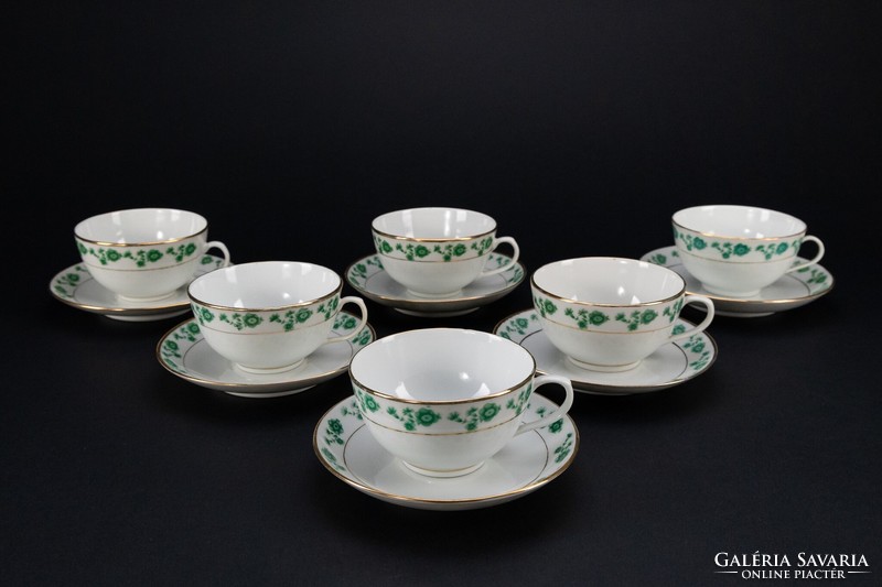 Kínai porcelán teás csészék, alátét tányérral, 6 darab, jelzett
