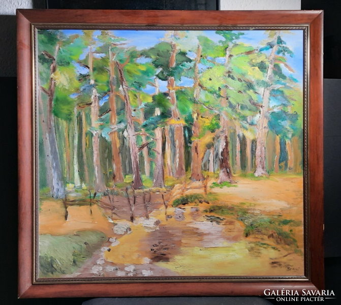Nadrai Andrea: Erdei táj (olaj, kerettel mérete 72x77 cm) fák, természet