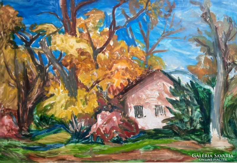 Házikó az erdőben "Miklódy M." jelzéssel (kerettel méret 60x78)