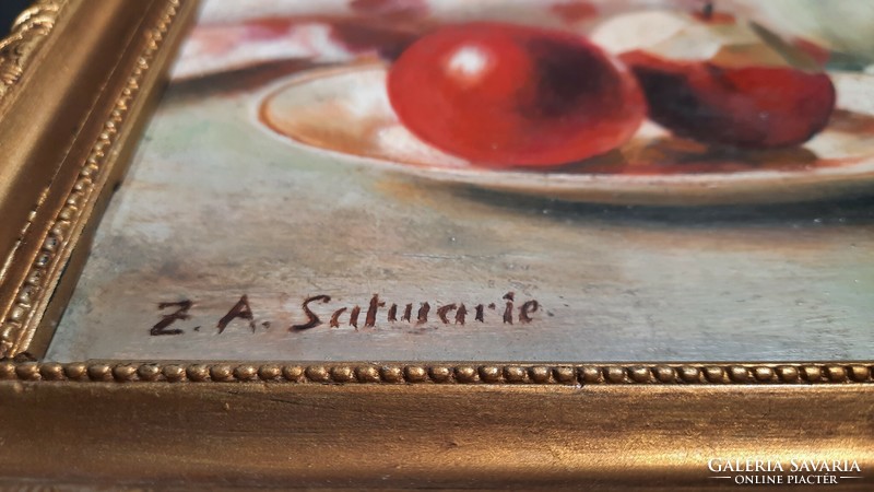 Teadélután almákkal (olaj, kerettel 24x29 cm) Z. A. Satwarie - bájos csendélet