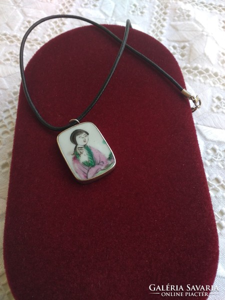 Antique porcelain, hand-painted geisha pendant with silver frame and leather chain