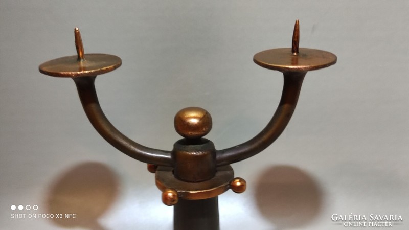 Iparművészeti két ágú réz bronz fém gyertyatartó