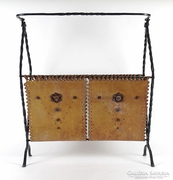 1K062 old applied art wrought iron newspaper holder with leather decoration