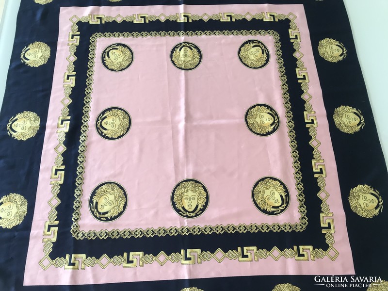 Italian shawl on a pink and deep blue background with golden jellyfish heads, 87 x 84 cm
