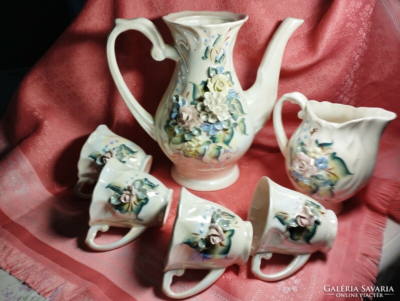 Beautiful, antique 4-person coffee and tea set decorated with hand-shaped flowers