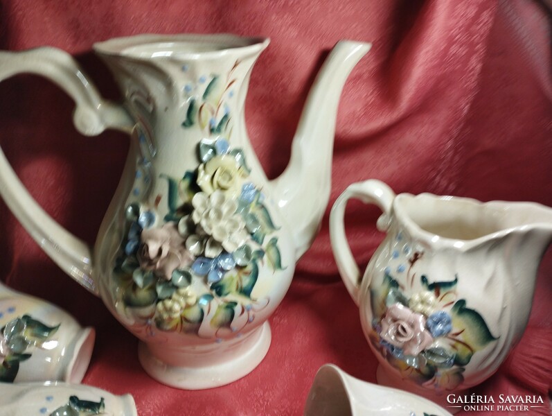 Beautiful, antique 4-person coffee and tea set decorated with hand-shaped flowers