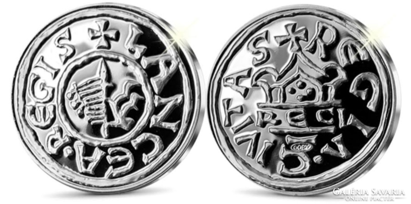 A realistic copy of the very first Hungarian coin, the lancea regis, coated with colored silver