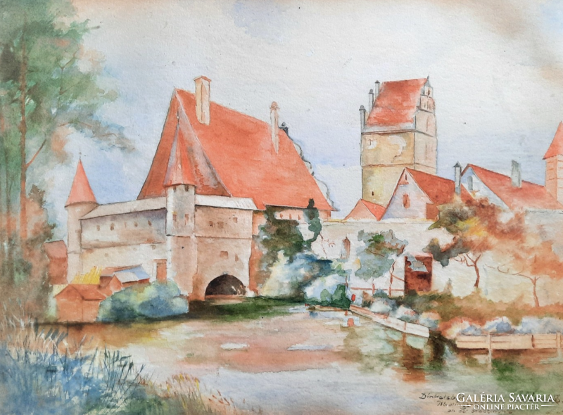 Gate at the city mill - dinkelsbühl, 1938 (watercolor 32x42 cm) Bavaria, German, hb monogram