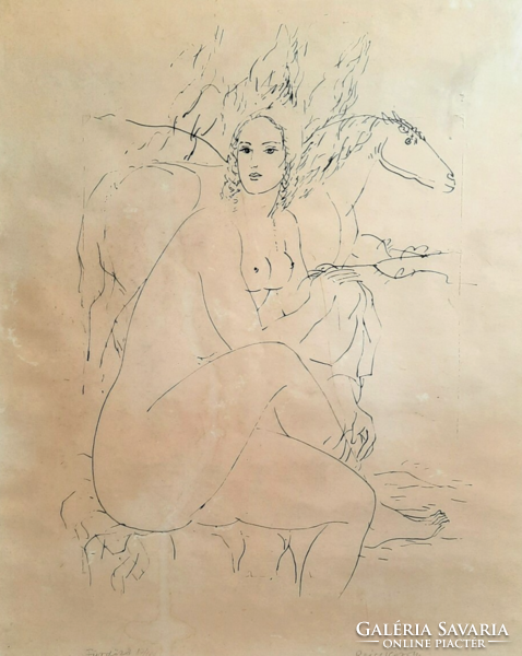 Károly Reich: bather (numbered screen print, 54x43) nude with a horse