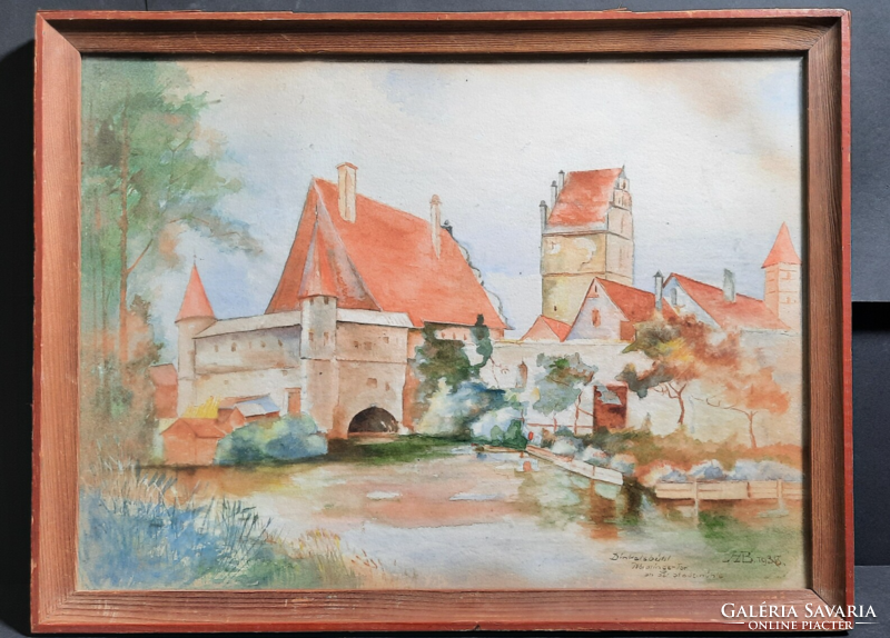 Gate at the city mill - dinkelsbühl, 1938 (watercolor 32x42 cm) Bavaria, German, hb monogram