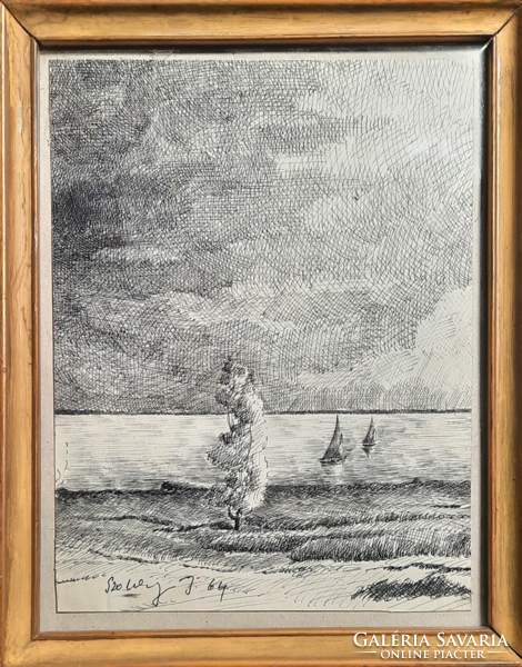 Sailboats on the lake, 1964 (pen drawing) 27x21 cm - water landscape