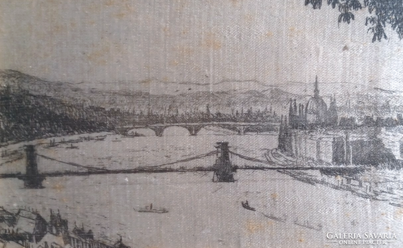 Lánchíd - miniatűr rézkarc selymen (33x43cm) szuvenír - Budapest, Duna, Parlament