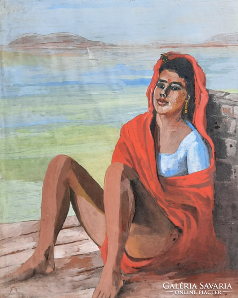 Indian Girl on the Waterfront - Calcutta 1964 (tempera 47x40) unidentified