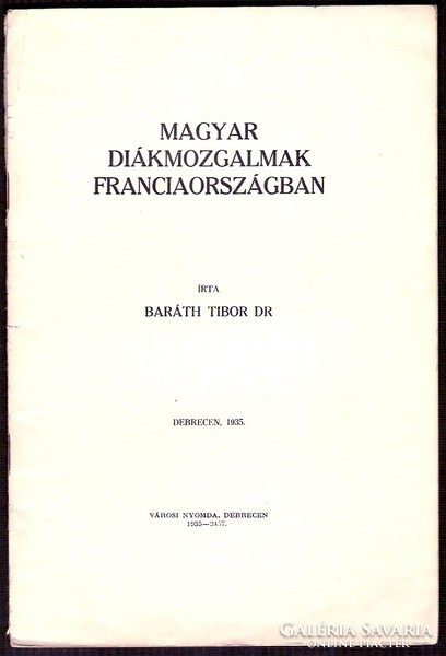 Baráth Tibor: Magyar Diákmozgalmak Franciaországban  1935