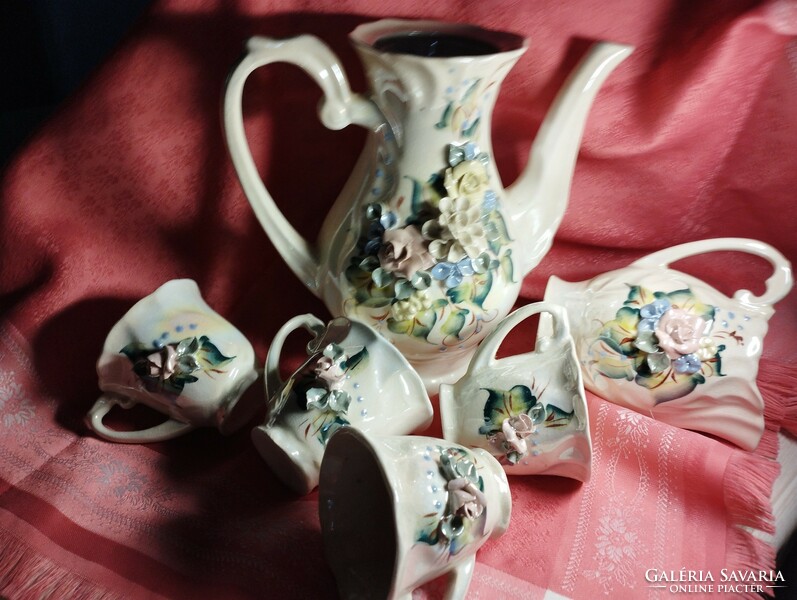 Beautiful, antique 4-person coffee and tea set decorated with hand-shaped flowers