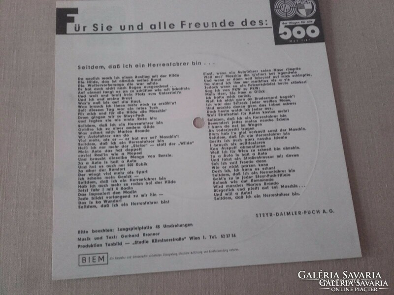 Retro advertising music record for the legendary Steyr-Daimler-Puch 500 car - Vienna Austria Edition