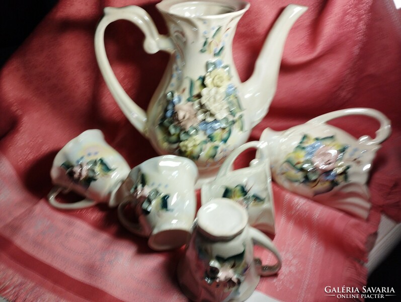 Beautiful, antique 4-person coffee and tea set decorated with hand-shaped flowers