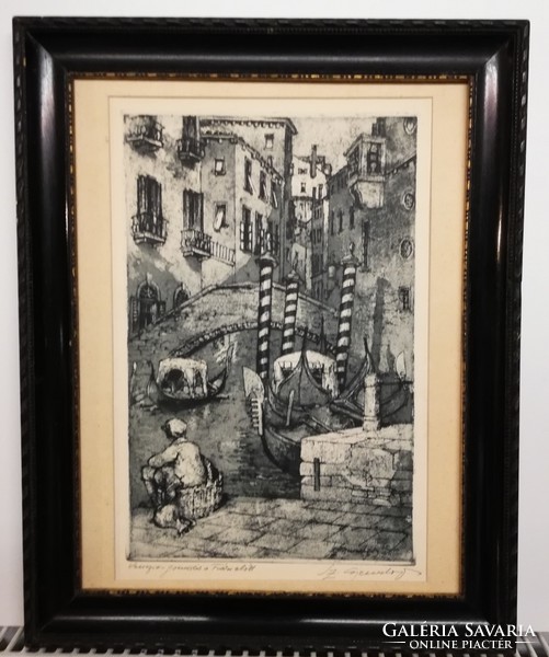 Signed Venetian etching (km. 36 X 45, in an antique frame)