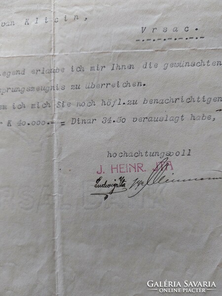 Német nyelvű elismervény 1922-ből, J. Heinr. JTA kalapgyárostól