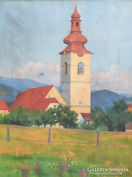Church tower, Nagybánya style (oil, canvas, 46x36 cm) street scene, with mountains in the background