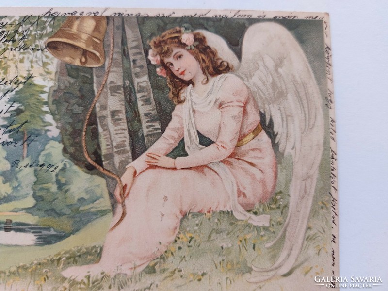 Régi képeslap 1900 levelezőlap rózsaszín ruhás angyal harang