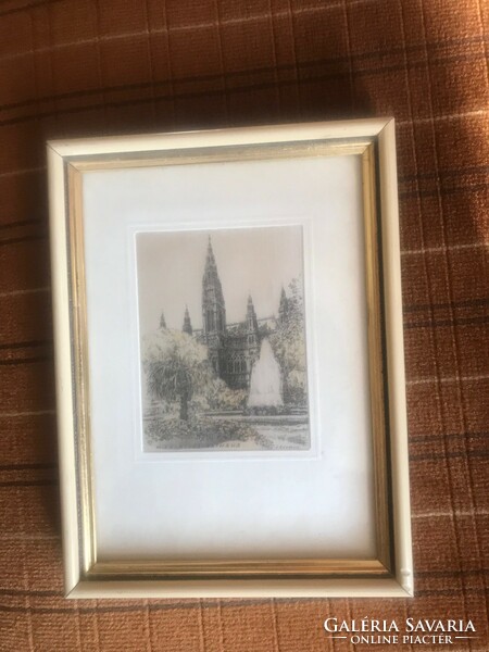 Selyem kép. XX.szd.közepe körül. 13x17 cm Wien/Neues Rathaus Szép fa plusz aranyozott keretben.