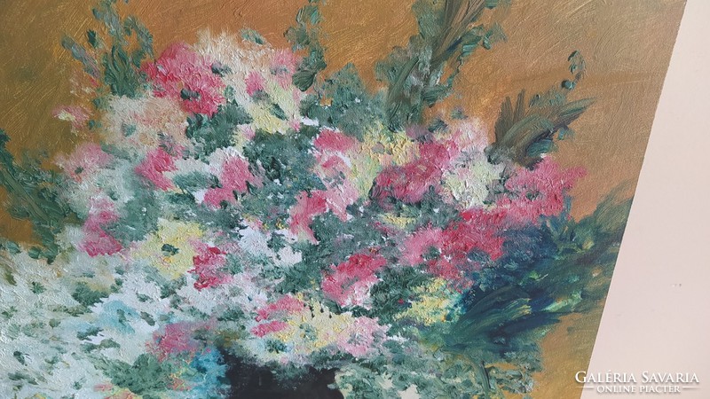 (K) Régi virágcsendélet festmény 40x50 cm, szignózott farostlemezen