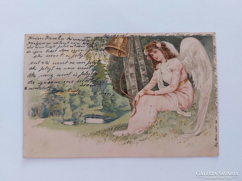 Régi képeslap 1900 levelezőlap rózsaszín ruhás angyal harang