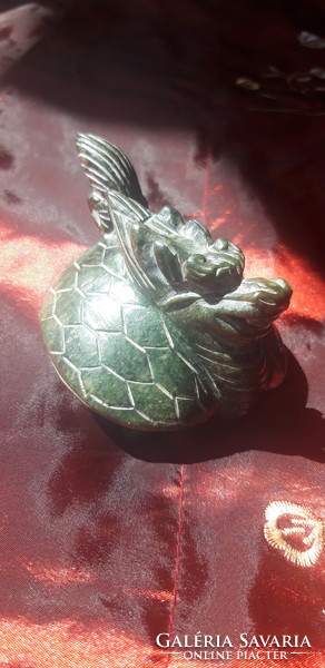 Ancient Chinese green jade dragon turtle - feng shui abundance statue