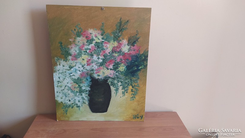 (K) old flower still life painting 40x50 cm, signed on fiberboard