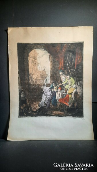 Nándor Vydai brenner colored etching - biblical scene? Vidai Brenner graphics