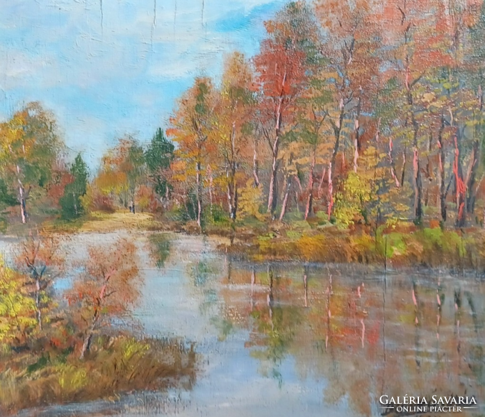 Autumn pond (oil, 26x30 cm) Bernáth ... Labeled - water landscape