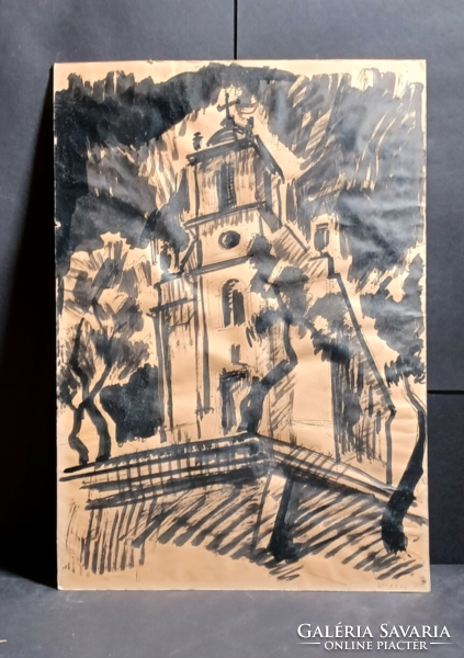 Z. Kovács: Church tower (45x32 cm) ink drawing